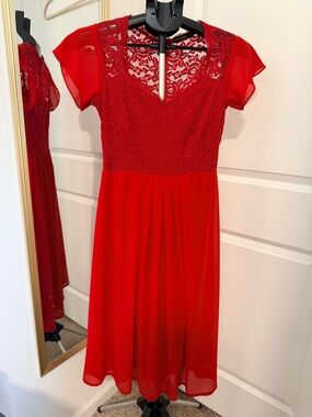 Miusol | Red Lace Bodice Chiffon Midi Dress